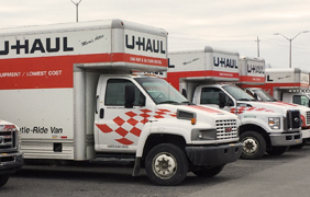 A row of Uhaul moving vans.
